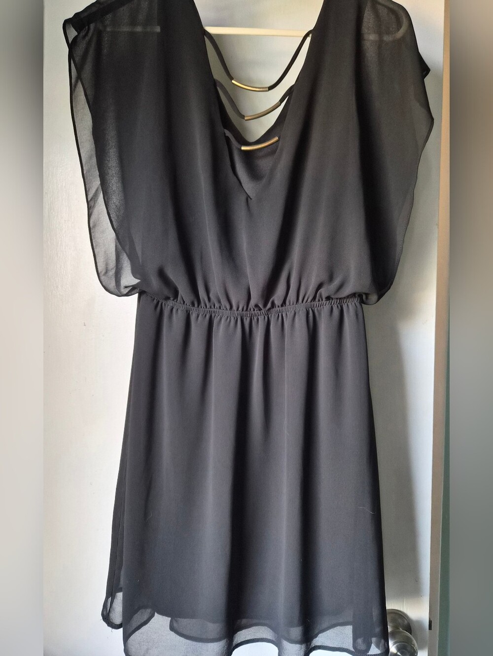 Aina Be - Black Chiffon Long Blouse with Gold Accent Straps - M